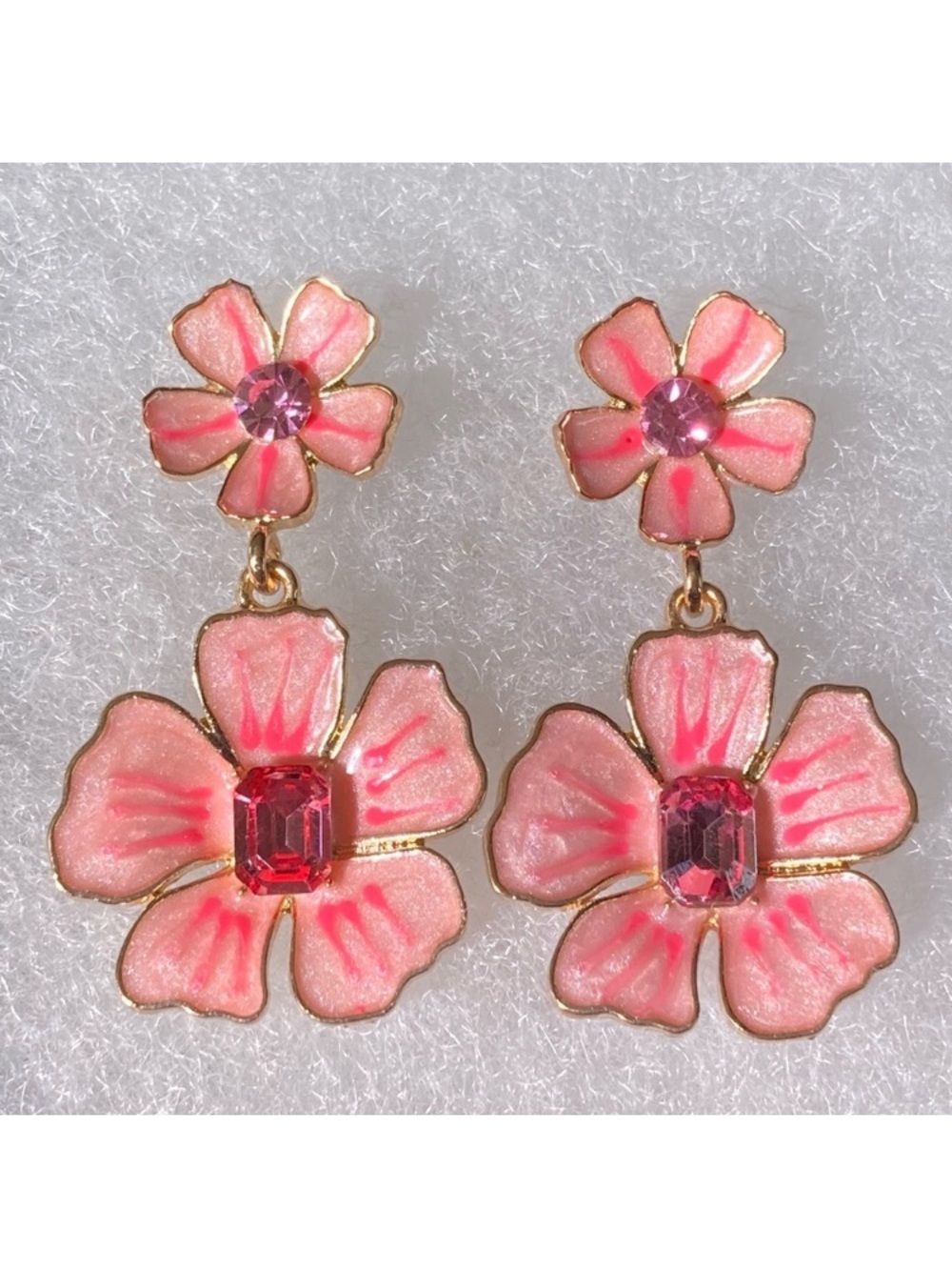 Pink Enamel Flower with Crystal Accents Gold Toned Stud Earrings